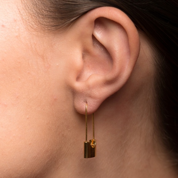 Gold Padlock Drop Dangle Earrings Punk Edgy Locks - Picture 3 of 5